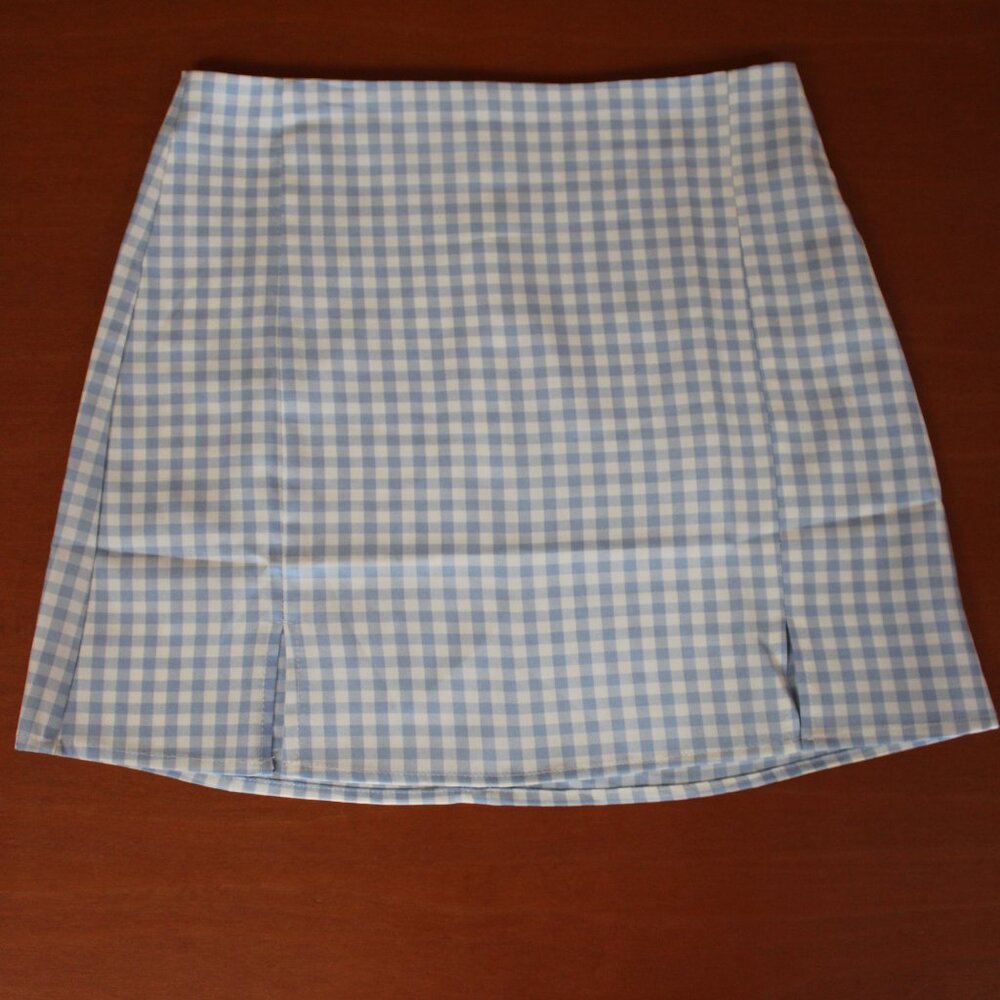 Checkered Blue Skirt with Slits
